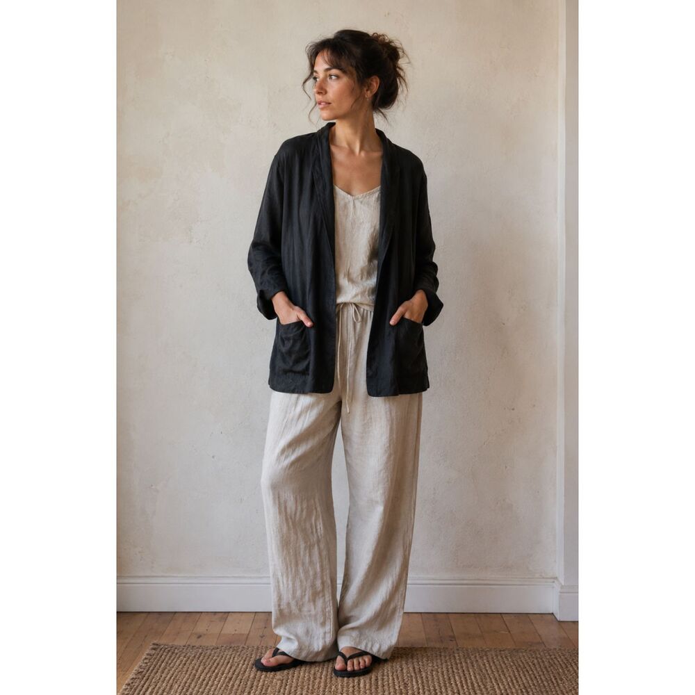 Old Linen Mill Black Linen Open Front Lagenlook Cardigan Women's Size M / L